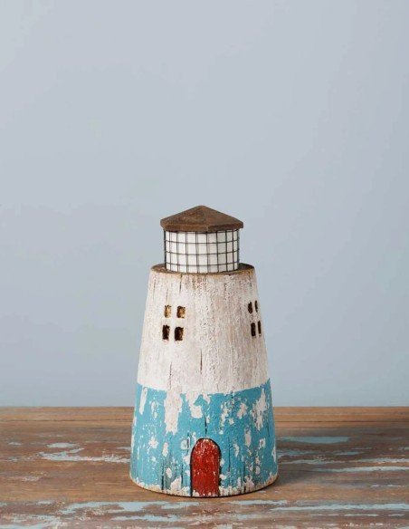 Faro decorativo de madera rústica azul claro efecto envejecido 27 cm · Talla M