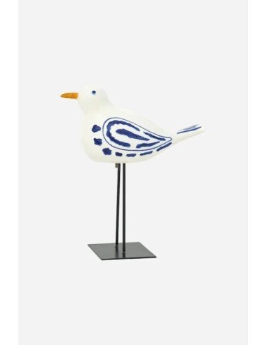 Pájaro pequeño en cerámica blanco y azul con soporte 
