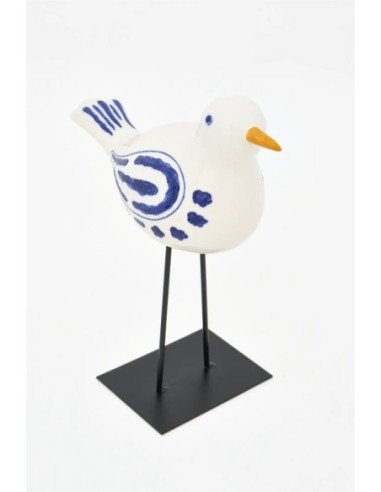  Pájaro pequeño en cerámica blanco y azul con soporte 