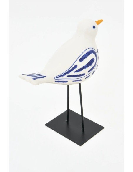  Pájaro pequeño en cerámica blanco y azul con soporte 