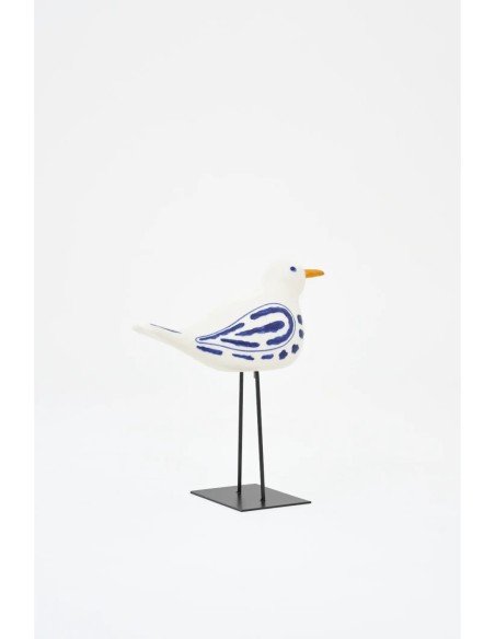  Pájaro pequeño en cerámica blanco y azul con soporte 