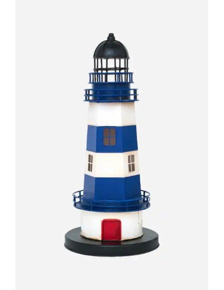 Lámpara faro eléctrico azul y blanco con puerta roja