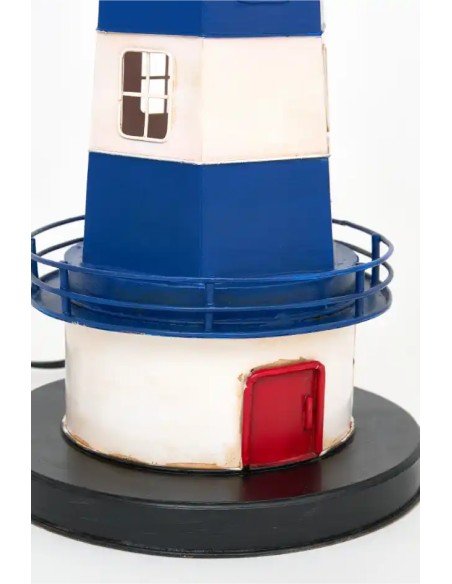 Lámpara faro eléctrico azul y blanco con puerta roja