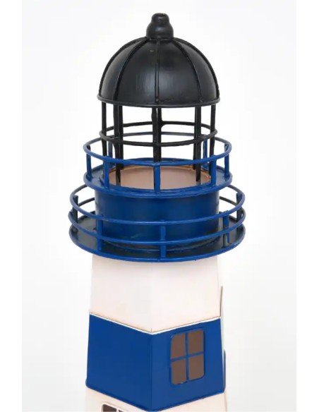 Lámpara faro eléctrico azul y blanco con puerta roja