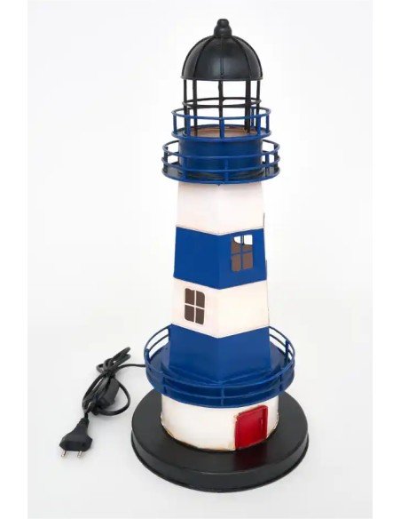 Lámpara faro eléctrico azul y blanco con puerta roja