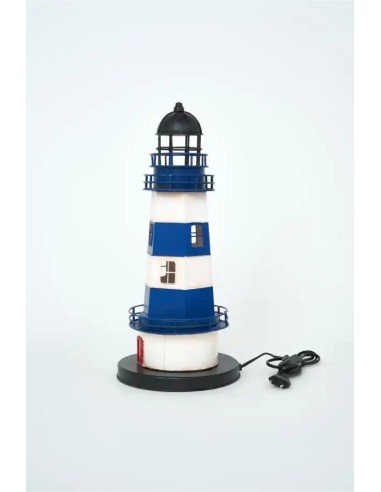 Lámpara faro eléctrico azul y blanco con puerta roja