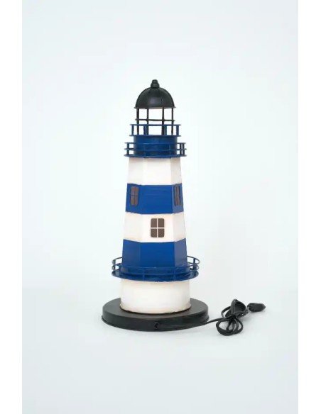 Lámpara faro eléctrico azul y blanco con puerta roja