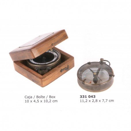 Brújula latón y cristal para mapas con caja madera Brújula latón y cristal para mapas con caja madera