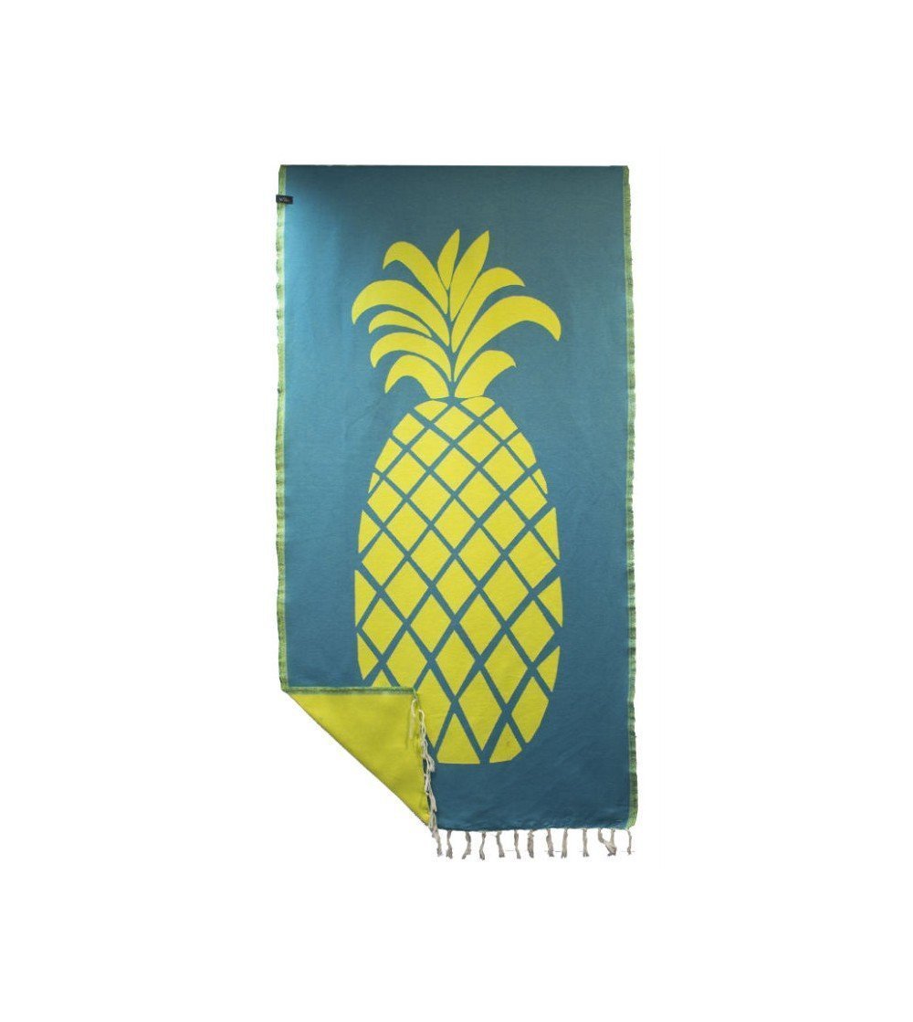 Pareo Fouta de Tejido Jacquard | Modelo Piña Amarilla y Fondo Azul Marino en Decoración Mar