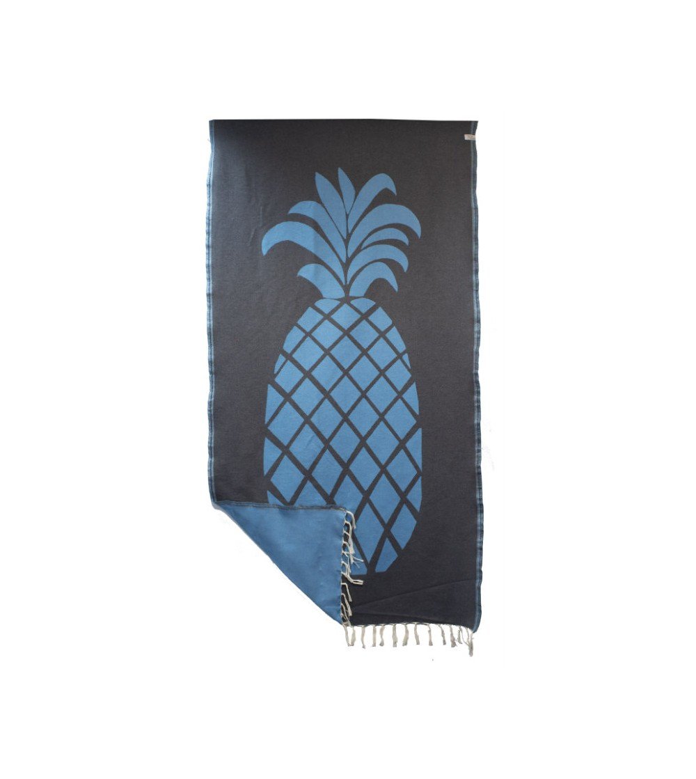 Pareo Fouta de Tejido Jacquard | Modelo Piña Turquesa y Fondo Gris en Decoración Mar