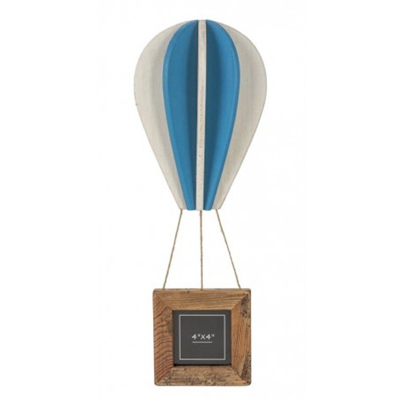 Marco en forma de globo aerostático azul elaborado en madera