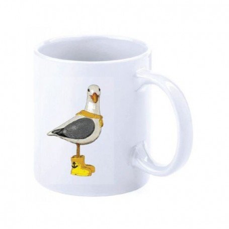 Taza marinera decorada con una gaviota con pañuelo y botas en amarillo